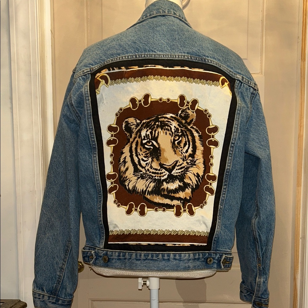 OUTRAGEOUS!! Sz M Custom design Denim Jacket - vintage silk Tiger Print scarf